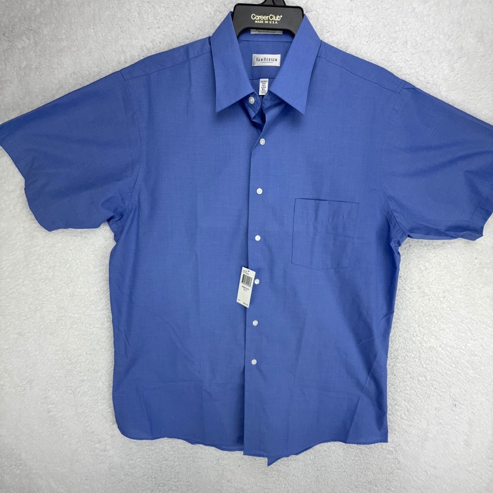 Van Heusen Mens Bright Blue End On End Short Sleeve Dress Shirt 16.5 L NWT 4435‎
